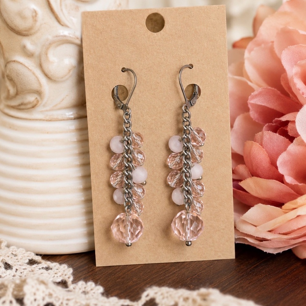 Vintage Artisan Pink Crystal Cluster Leverback Earrings Romantic Cottagecore